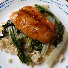 The sauce is tasty and not salty if you use low-sod soy sauce. I used frozen salmon and the sauce ended up watery, so thaw before cooking if possible. The pak choy is easier to eat if sliced thinly crosswise. Kids gave this one a thumbs up.