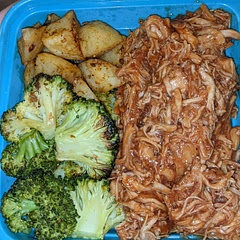 We love BBQ!! This was delicious and light!! Made the chicken in crockpot with BBQ sauce. Substituted red potatoes for sweet potatoes.