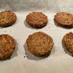This turned out really good! I made the full recipe and got 6 patties a 1/4 cup each. I did change some things. I did 1/4 cup cheese, 1/4 cup regular breadcrumbs, added 1/2 tbs bbq sauce and Worcestershire. I finely diced onions and cooked them with minced garlic before adding to the mix. 1/4 tsp garlic powder, 1/8 tsp paprika, some s&p, some onion powder, and some bbq seasoning. Will make again! Baked it on parchment at 375 for 20 flipping halfway through.