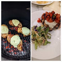 This was fun to cook on the Big Green Egg grill. We needed more time for the chicken to reach temp than the recipe. We also added a balsamic glaze to the top