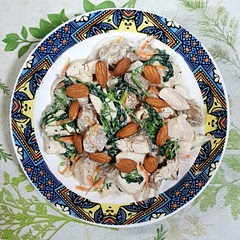Seasoned the chicken with salt and onion powder and added shredded carrots and mushrooms. Since I don't have coconut oil, I used avocado oil and used raw almonds instead. A simple and tasty meal.