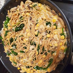 I didn't have the fake chicken so I used Chickpeas instead. No vegan cream so I just edited a combination of vegan cream cheese and plant milk. I didn't have white wine so I used rice vinegar. Will definitely use white wine next time.