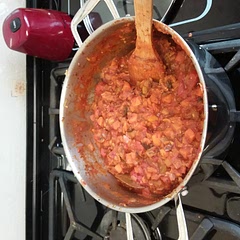 A low meat version.  No mince but kept the bacon.  Included sweet potato and aubergine instead.
Very nice :)