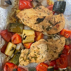I only used zucchini, red pepper and onions as my veggies. Over all absolutely delicious a definite family favorite, chicken was juicy and very flavorful. Veggies were nice and tender too