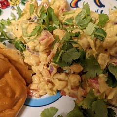Really good eaten on toasted buns or wrapped in a paratha or roti. We used two cans of chickpeas instead of one and just increased the amount of sauce a bit, which I think made the ratio better of beans to other veggies.