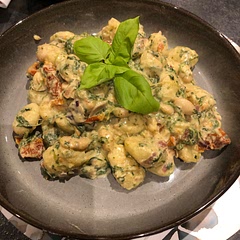 Nice. Added garlic and Parmesan to the recipe. And lots of black pepper. Very filling and one pack of gnocci served 2!