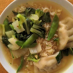 Used mostly chicken stock as that's what I had. My dumplings were pork, noodles were ramen. Added some sugar snap peas. A solid but mostly mild flavor that will take many seasoning options at the table. Try soy sauce, maybe chili or hot sauce, pepper. I really enjoyed this!