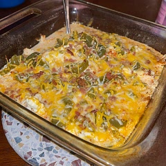I modified it a bit for a lower calorie version- 1/2 the cream cheese and milk instead of cream. BUT we found that it was delicious with tortilla chips, so that’s where the calories went 😉