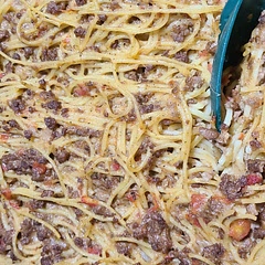 Nothing too spectacular, but good and filling and family friendly (not real spicy).  I did substitute ground venison for ground beef and used regular spaghetti noodles.