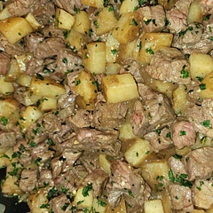 I made this for 5 so I upped some ingredients.  I had more steak than potatoes which is a win. Lol. I added diced onions to mine. Def a win. Everyone loved it.