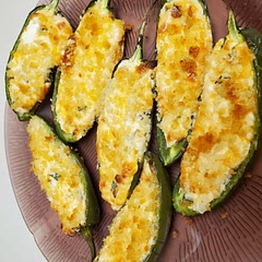 Omg these cheddar peppers were amazing! Super easy to make, just be sure to wear gloves when handling raw jalapeños. 
A side of ranch dressing for dipping really steps up the flavor. 
No adjustments needed to the recipe- delicious as-is