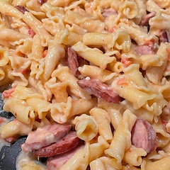 I didn’t add onions since we’re not onion people but it was delicious! I also did the whole box of pasta (I hate half full boxes of pasta in the pantry) so I just added a little more cream and 2 cups more broth.