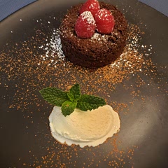 Cooking time varies per size of ramekin but it was a lovely valentines day dessert. Served with bourbon vanilla ice cream, mint, raspberries and powdered sugar and cocao
