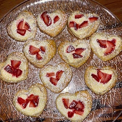My family loved these! I think I put a little too much cream cheese filling inside, but not bad for my first try.  The tartness of the strawberries cut the sweetness of the cream cheese filling, which I really like.