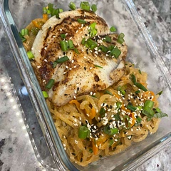 My recipe: a no peanut take on spicy peanut noodles. Use peanut butter if your not legume free. I can’t get enough of the daikon noodles. I also used what I had for protein which was garlic seared tilapia.