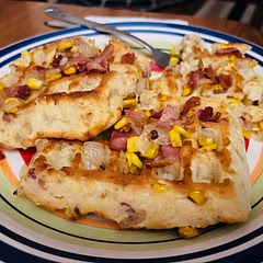 I love savory versions of traditionally sweet dishes. I made the savory pancake recipe into waffles. It looks so pretty! I didn’t have any green onions on hand, but used sweet Vidalia onion instead.
