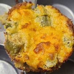 I made them into regular sized muffins.  Yielded 6.  Baked about 15 minutes.  They are very good.  Used fresh okra from our garden which made them even better 😁