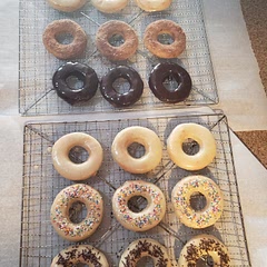 Top to bottom we have Maple Glaze, Cinnamon Sugar, Chocolate Dip, Vanilla Glaze, Rainbow Sprinkle  & Vanilla Dip w Chocolate Sprinkles