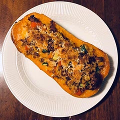 This was really good. I mixed the Parmesan with some bread crumbs for the topping. It’s really easy to switch up the ingredients for the stuffing to your liking.  I like to use savory sausage to balance the sweetness of the butternut squash.