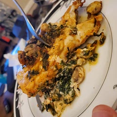 Delicious.  My chicken breasts were wonky, and I made a mess, but damn is it good.  I forgot to mix the mushrooms with the spinach so I had to add them after I already stuffed the chicken.  Took a lot longer to cook than recipe said.