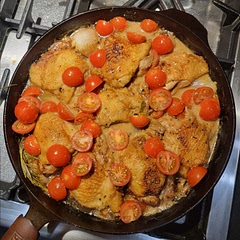 It was a small tragedy to first get that skin so nice and crispy, only to make it soggy with covering the pan and letting it steam. I would have cooked the tomatoes a bit more before serving. Used maybe 1 cup of wine instead of 2.
