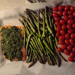 Used asparagus instead of green beans.  The veggies were awesome.  Not a big fan of the herb crust.  The salmon was wonderful, but for me it needs something more lifting.  So I scraped the crust of and added lemon.  Saved the day!  :)