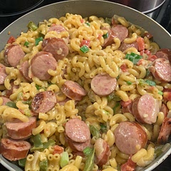 I interchange the pasta type just with whatever I have in cabinet, and add green peppers for more veggie bite