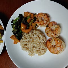 Used big prawns and yellow bell peppers because they were available from whole foods. Adding brown rice for carbs.
