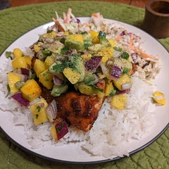 Tasty and pretty simple. Added cilantro to the salsa. I think you can leave the sugar out of the spice blend since the salsa is sweet. Would make again, probably with steelhead since it's usually more affordable and still a salmonid.