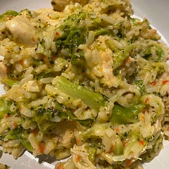 I used 2 chicken stock cubes in place of broth grained mustard and brown rice as I did not have any risotto rice