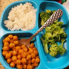 My 18 month who normally won't eat anything with chickpeas scarfed this down. Served with young broccoli and rice. This is so good!