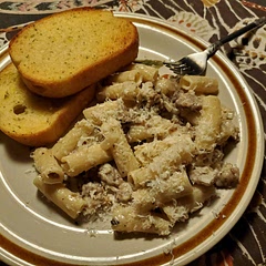 I substitute parmesan. Use Paccheri pasta if available (not easy to find).