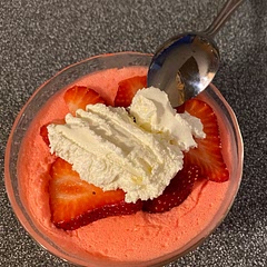This is a light and fluffy dessert and very satisfying if you need that something sweet after dinner.  The addition of matching fresh fruit and a spoon of fat free cool whip was the perfect touch.  The recipe says it’s only 35 calories.
