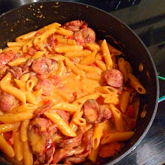 Slivered the onion and thinly sliced the sausage. Used fiesta blend cheese cause that's what I had on hand. Yummy and creamy!!