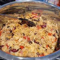 Sautéed ground turkey, onion, spices, garlic, mushrooms, red pepper first, then toasted the rice. Added this mixture and the rest of the ingredients to the instapot for 7 minutes. Delicious! I am going to put on lettuce with salsa and sour cream.