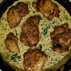 I added spinach and onion to the sauce and some blackening seasoning to the chicken. Don't move the chicken while in the skillet!!