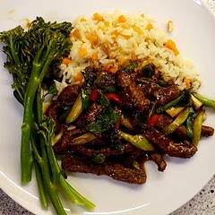 Served with rice and broccoli. Added red peppers and celery