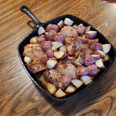Delicious. Missed the bone in memo. Cooked faster (30 min in oven instead of 40) than the instructions which was fine. Potatoes where not crispy. Will probably make again.