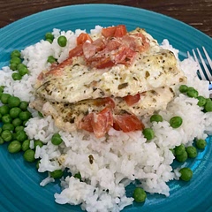 Served it over rice and peas. I think next time I’ll try it without the mayonnaise and just use the pesto and tomatoes.