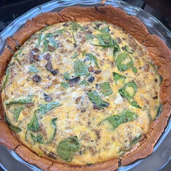 Cooked with ground turkey, mushrooms, onions. Added spinach to eggs. Coconut milk as a substitute. 40 min at 375. Could use a bit more salt and/or cheese. Burnt crust a bit, consider butter on edges