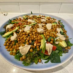 Added seasoned tomato and red onion, and less water in the dressing. Also doubled the chickpeas 😊