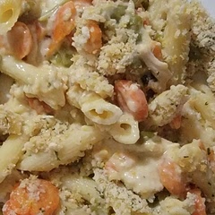 I used frozen shredded chicken so I added in chicken broth and a little Maggi chicken bouillion, used penne pasta, and canned green beans and carrots. I let mine cook another 10 minutes so the top and edges got crispy. Yum!