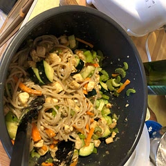 I like the idea of a warm noodle dish with raw veggies, and the spices seemed okay, but it lacked kick (fresh jalapeños maybe?). The tofu never browned for me, and my onion/garlic/lemongrass purée didn’t do anything interesting.