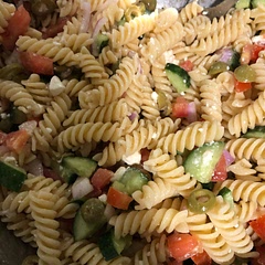 Not exactly what it is supposed to look like…overdid the pasta and did not make up for it with other ingredients… was still good though! Also Took a short cut with store bought Greek salad dressing 😅