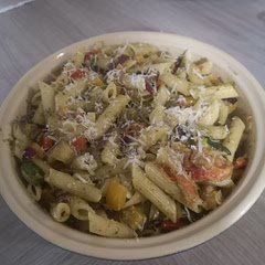 Made with shop bought pesto. Cooked the veggies in the air fryer for around 20 mins, checking on them every 5. Added pasta water to the mix but not enough. Grated parmesan over the top and drizzled with Olive oil, which helped with the dryness.