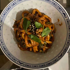 Yum! Used kale instead of broccoli rabe and worked well. Also used udon noodles which added a nice texture. Would recommend doing plenty of greens.