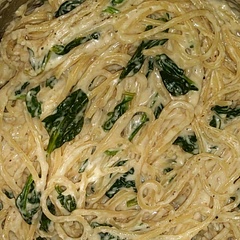 Added some spinach at the end of the noodle cooking time. Used spaghetti noodles