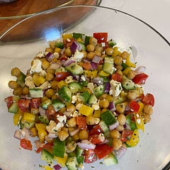 I toasted the chickpeas while I made the rest and added them at the end. Supper yummy! 
Will do less lemon next time. 
I always add more garlic :) 
Meal idea to serve over grilled chicken or over Sorghum... possibilities are endless for this one!