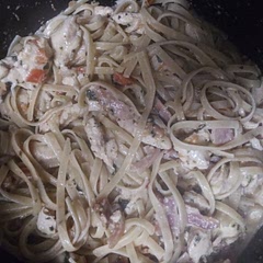 Used bacon fat to cook chicken instead of oil. Fettucine cause its what was in the house. And milk and flour instead of heavy cream. 
Turned out great.