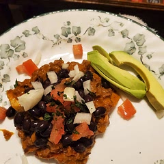 Added black beans, onion, and tomatoes on top because my husband doesn't like any of that...very tasty, affordable, and quick to cook.